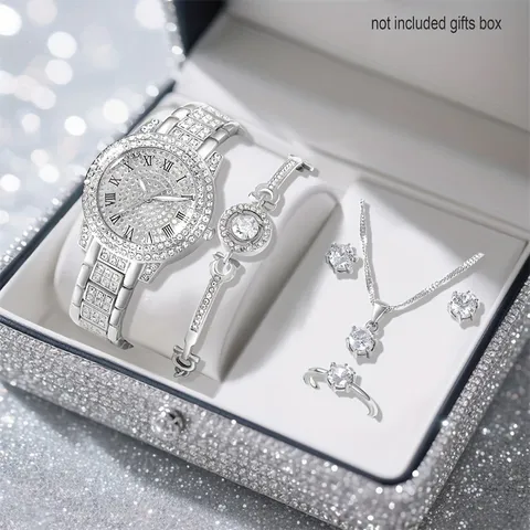Luxus Damen Strass Uhr Schmuck Kollektion Legierung Vereiste Quarzuhr Römische Ziffer Zifferblatt Armband Halskette Ohrring Zubehör