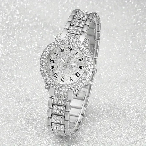 Luxus Damen Strass Uhr Schmuck Kollektion Legierung Vereiste Quarzuhr Römische Ziffer Zifferblatt Armband Halskette Ohrring Zubehör