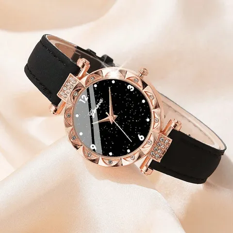 Luxus Nische Legierung Strass Damen Armbanduhr Sternenzifferblatt PU Lederband Quarz Uhr Schmuck Armband Zubehör Kombination