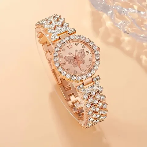 Elegante Legierung Strass Schmetterling Quarzuhr Für Damen Luxus Glänzende Kristall Zifferblatt Armband Armbanduhr Schmuck Set Geschenk