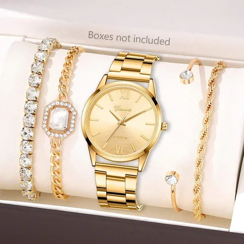 Geneva Luxus Gold Uhr Für Damen Römische Ziffern Zifferblatt Quarzuhr Legierung Edelstahl Armband Set Schmuck Zubehör