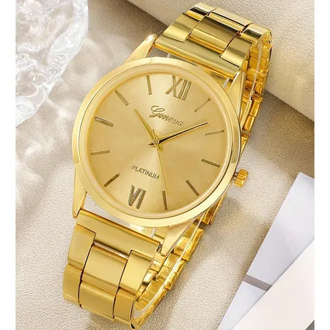Geneva Luxus Gold Uhr Für Damen Römische Ziffern Zifferblatt Quarzuhr Legierung Edelstahl Armband Set Schmuck Zubehör