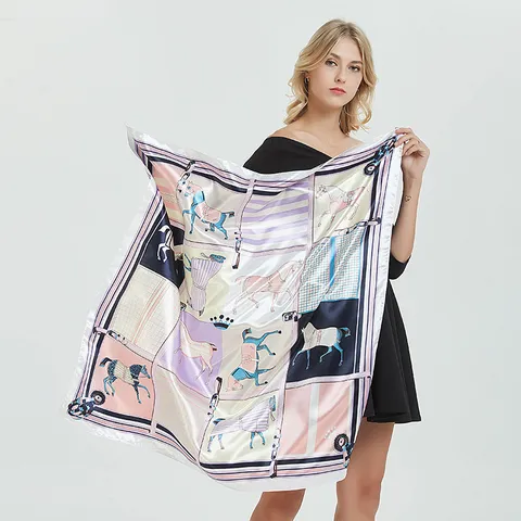 Women Large Square Scarf Satin Silk Feel Equestrian Printed Scarf Chic Fashion Neckerchief Hair Band Head Wrap