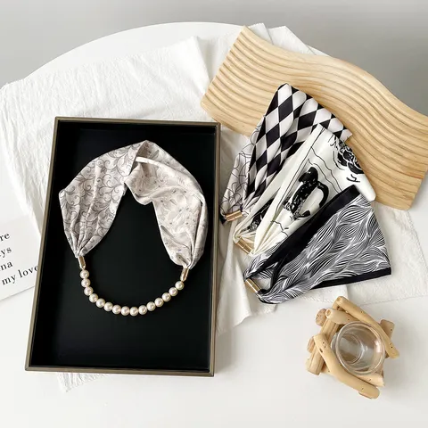 Women Fashion Silk Scarf Elegant Printed Neck Scarf With Artificial Pearl Magnetic Clasp Chic Daily Accessory