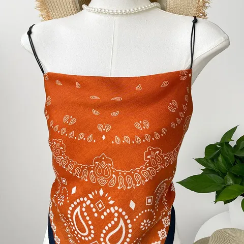 Women Summer Hot Girl Style Camisole Paisley Print Square Scarf Vest Casual Sleeveless Halter Crop Top Beach Vacation Apparel