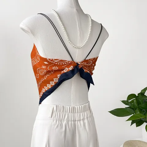 Women Summer Hot Girl Style Camisole Paisley Print Square Scarf Vest Casual Sleeveless Halter Crop Top Beach Vacation Apparel