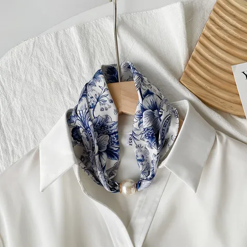 Women Fashion Silk Scarf Elegant Printed Neck Scarf With Artificial Pearl Magnetic Clasp Chic Daily Accessory