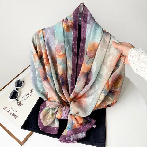 Women Satin Square Scarf Floral Print Fashion Hijab Head Scarf Elegant Neck Scarf For Daily Commute And Party