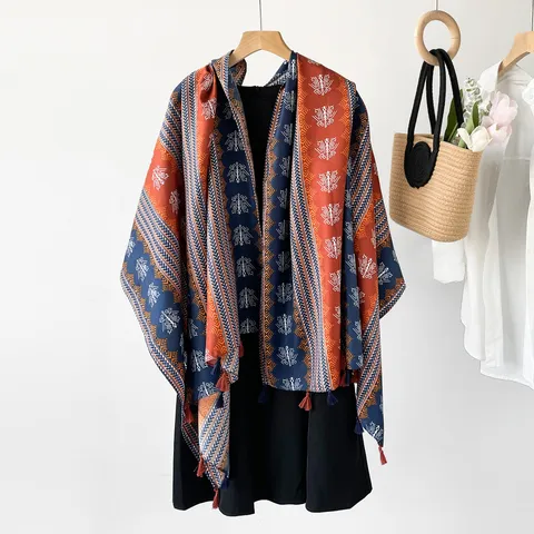 Women's Ethnic Style Sun Protection Shawl Imitation Cotton Linen Scarf Paisley Geometric Print Tassel Long Scarf Travel Beach Wrap