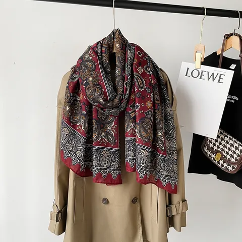 Womens Autumn Fashion Paisley Print Imitation Cotton Linen Scarf Vintage Geometric Long Shawl Headscarf