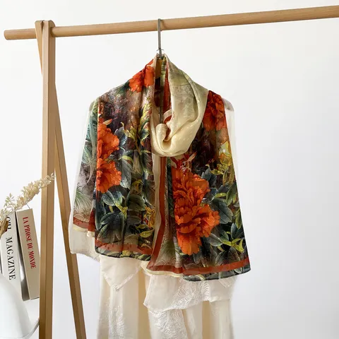 Women's Fashion Long Scarf Polyester Satin Hollow Out Floral Print Shawl Lightweight Sun Protection Scarf For Travel