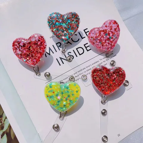 Heart Shaped Glitter Sequin Retractable Badge Reel Nurse Doctor ID Card Holder Office Work Badge Clip Plastic Heart Badge Holder