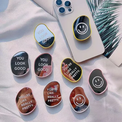 Soporte de Espejo de Maquillaje Ovalado Irregolare para Teléfono Soporte Adhesivo con Estampado de Letras y Cara Sonriente