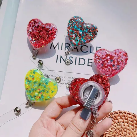 Heart Shaped Glitter Sequin Retractable Badge Reel Nurse Doctor ID Card Holder Office Work Badge Clip Plastic Heart Badge Holder