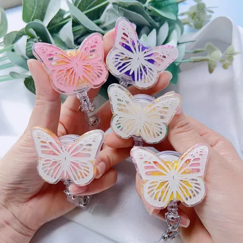 Butterfly Retractable Badge Reel With Dried Flowers Gold Foil Resin ID Holder Alligator Clip Ins Style Office Supplies