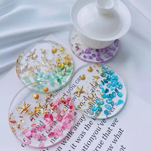 Ocean Theme Resin Coaster With Gold Foil Shell Starfish Pattern Round Nail Art Palette Luxury Table Mat Home Decor