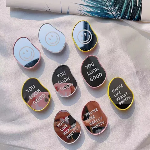 Soporte de Espejo de Maquillaje Ovalado Irregolare para Teléfono Soporte Adhesivo con Estampado de Letras y Cara Sonriente