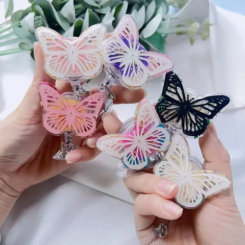Butterfly Retractable Badge Reel With Dried Flowers Gold Foil Resin ID Holder Alligator Clip Ins Style Office Supplies