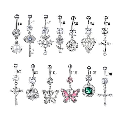 Fashion Zirconia Belly Button Ring 316 Stainless Steel Navel Piercing Jewelry For Women Heart Cross Butterfly Pendant Body Jewelry