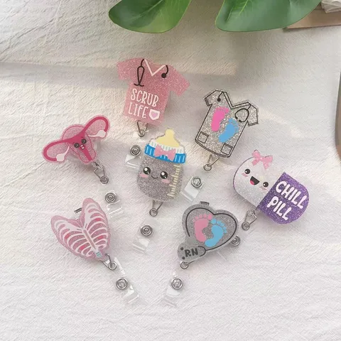 Glitter Nurse Badge Reel Retractable ID Name Tag Holder With Alligator Clip Cute Medical Nursing Heart Pill Bottle Scrub Life RN Badge Reels For Doctor Teacher