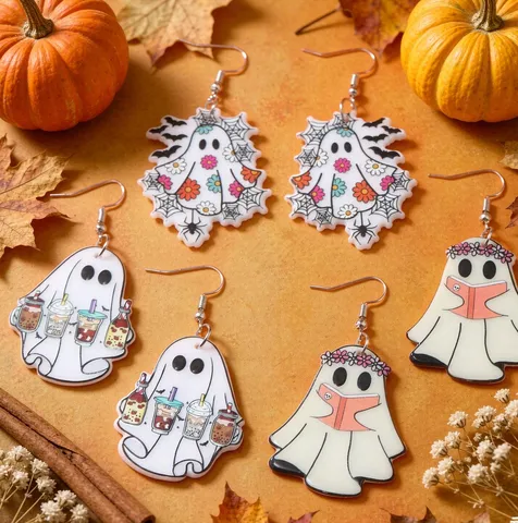 Halloween Acrylic Ghost Earrings For Women Cute Cartoon Ghost With Book Drinks Bat Spider Web Dangle Jewelry Gift