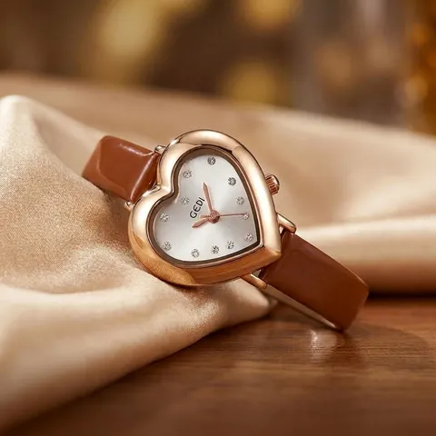 GEDI Fashion Women Heart Shaped Watch Rose Gold Zinc Alloy Case Rhinestone Dial Quartz Waterproof Leather Strap Ladies Wristwatch