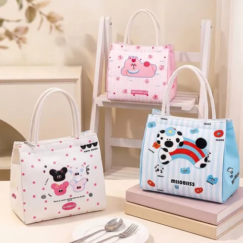 Cute Cartoon Insulated Lunch Bag Canvas Large Capacity Portable Thermal Bento Pouch For Office School