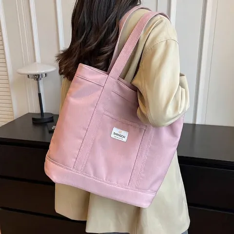 Bolso Tote de Lona para Mujer Gran Capacidad Color Sólido Bolso de Hombro para Conmutar Escuela Viajes Casual