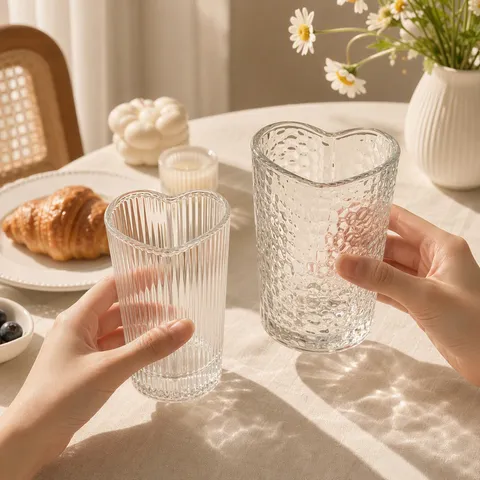 Taza De Vidrio En Forma De Corazón Transparente Textura Acanalada Martillada Diseño Creativo Estético Para Mujeres Desayuno