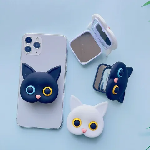 Cute Cartoon Cat Head Phone Grip With Integrated Makeup Mirror Foldable Expanding Stand Silicone Phone Holder For Women