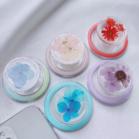 Support de Poignée de Téléphone Magnétique Extensible Avec de Vraies Fleurs Séchées Support de Bureau Transparent Airbag