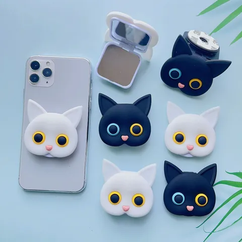 Cute Cartoon Cat Head Phone Grip With Integrated Makeup Mirror Foldable Expanding Stand Silicone Phone Holder For Women