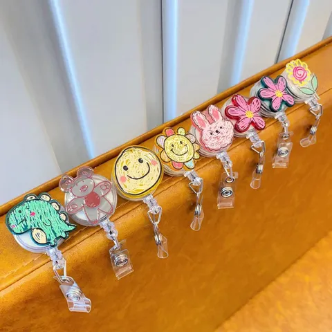 Cartoon Retractable Badge Reel Acrylic ID Card Holder With Crocodile Clip For Nurses Doctors Staff Graffiti Style
