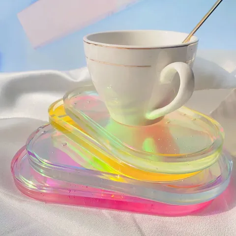 Irisierender Kunststoff Acryl Untersetzer Aufbewahrungstablett Modern Minimalistisch Bunte Glitzer Tassenmatte Für Haus Büro Dekoration
