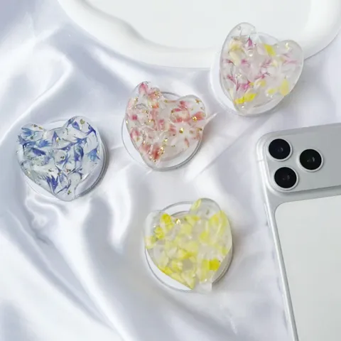 Support de Téléphone Portable Minimaliste en Résine Transparente Cœur Grip Tok Véritables Fleurs Séchées Feuille d'Or Magnétique