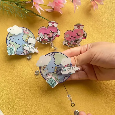 Retractable Badge Reel Shaker Acrylic Heart Earth ID Name Card Holder Alligator Clip For Nurses Teachers Office Supplies