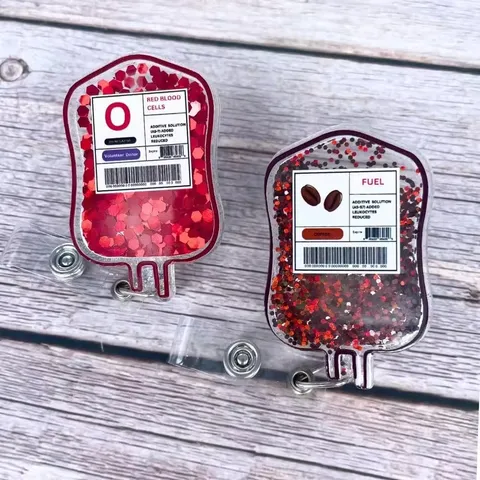 Retractable Badge Reel Medical Blood Bag Acrylic Shaking Glitter ID Badge Holder With Alligator Clip For Nurse Doctor Hospital
