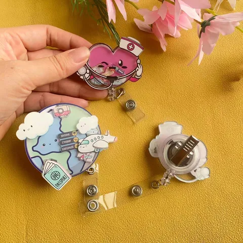 Retractable Badge Reel Shaker Acrylic Heart Earth ID Name Card Holder Alligator Clip For Nurses Teachers Office Supplies