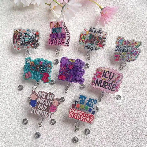 Glitzer Acryl Ausziehbarer Ausweishalter ICU Krankenschwester Scrub Life Personal ID-Kartenhalter Name Badge Clip Für Büro