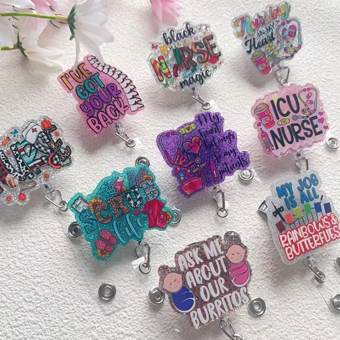 Glitzer Acryl Ausziehbarer Ausweishalter ICU Krankenschwester Scrub Life Personal ID-Kartenhalter Name Badge Clip Für Büro