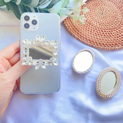 Support de Poignée de Téléphone Miroir Perle Strass Luxe Support de Prise de Bureau Pliable Miroir Maquillage pour Femme