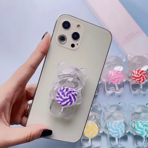 Cute Transparent Resin Cartoon Bear Cell Phone Grip Holder Colorful Lollipop Expandable Finger Stand Socket For Smart Phone Tablet Universal Desktop Support