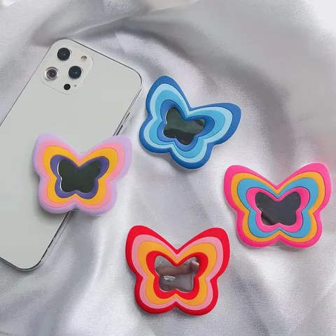 Butterfly Shaped Silicone Foldable Airbag Phone Holder With Mirror Expanding Stand Decorative Cell Phone Makeup Mirror Grip