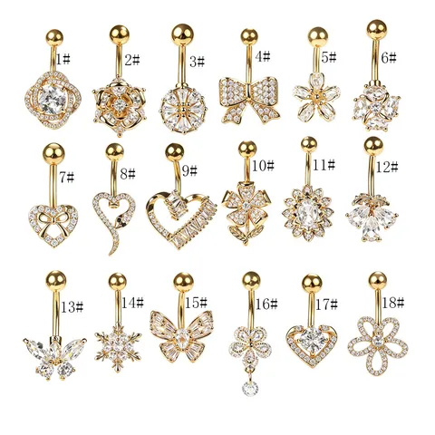 Fashion Stainless Steel Zirconia Belly Rings For Women Men Gold Electroplated Hollow Heart Butterfly Inlaid Curved Barbell Body Jewelry