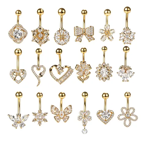Fashion Stainless Steel Zirconia Belly Rings For Women Men Gold Electroplated Hollow Heart Butterfly Inlaid Curved Barbell Body Jewelry