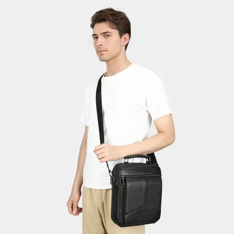 Mens Genuine Leather Crossbody Bag Vertical Vintage Shoulder Bag For Business Casual Top Layer Cowhide Handbag