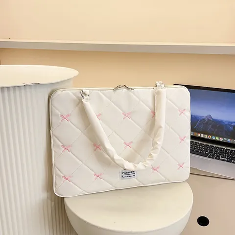 Νάιλον Καπιτονέ Τσάντα Laptop με Κέντημα Φιόγκο Απλή Μονόχρωμη Τσάντα Tote για Μαθητές Φορητή Τσάντα Αποθήκευσης Tablet για Γυναίκες