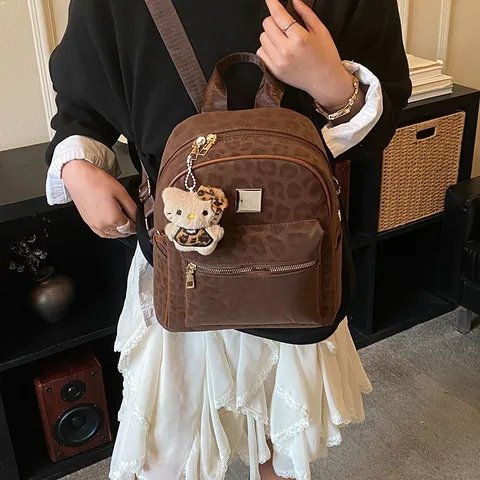 Damen Leopardenmuster Rucksack PU Leder Retro Mode Reise Pendeln Große Kapazität Schultasche Braun Schwarz Tiermuster Rucksack