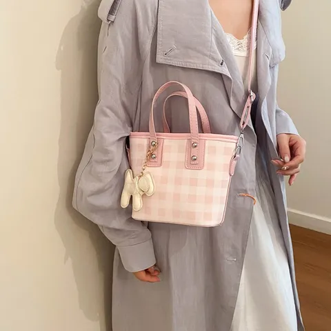 Fashion Women PU Leather Gingham Plaid Bucket Bag Color Block Top Handle Shoulder Crossbody Handbag For Commute Everyday Travel