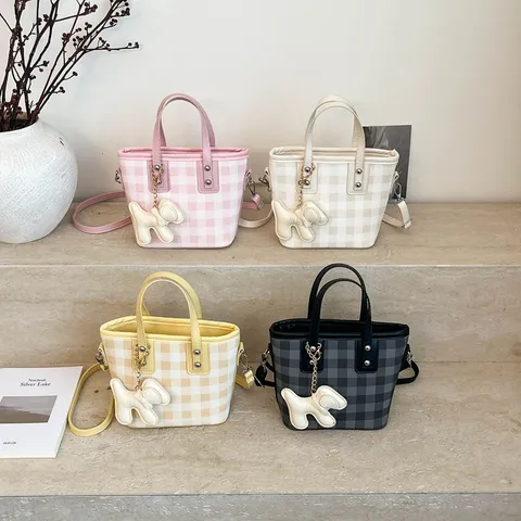 Fashion Women PU Leather Gingham Plaid Bucket Bag Color Block Top Handle Shoulder Crossbody Handbag For Commute Everyday Travel